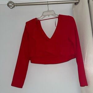 Zara Red V-Neck Ruffle Long-Sleeve Crop Top